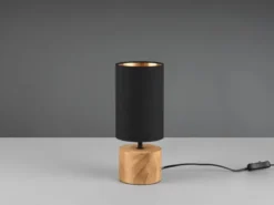 LED Tischleuchte mit Holzfuß & Stoffschirm Schwarz Gold, Höhe 30cm