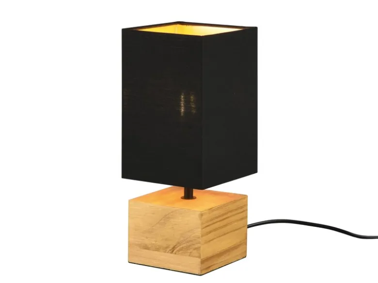 LED Tischleuchte mit Holzfuß Stoffschirm Schwarz / Gold, Höhe 30cm