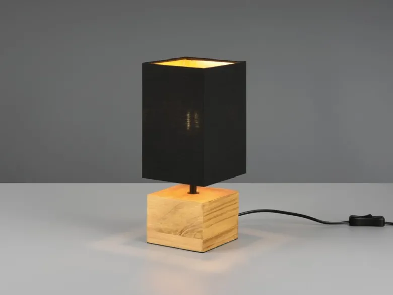 LED Tischleuchte mit Holzfuß Stoffschirm Schwarz / Gold, Höhe 30cm