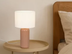 LED Tischleuchte mit Keramikfuß Mocca & Stoffschirm Beige, Höhe 36cm