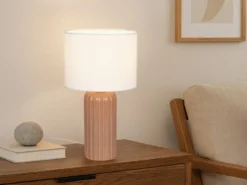 LED Tischleuchte mit Keramikfuß Mocca & Stoffschirm Beige, Höhe 36cm