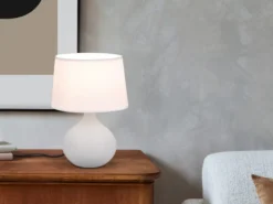 LED Tischleuchte mit Keramikfuß Beige & Stoffschirm Weiß, Höhe 29cm