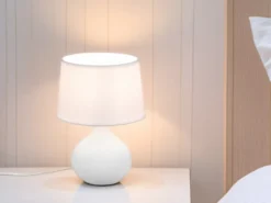 LED Tischleuchte mit Keramikfuß Weiß & Stoffschirm Weiß, Höhe 29cm