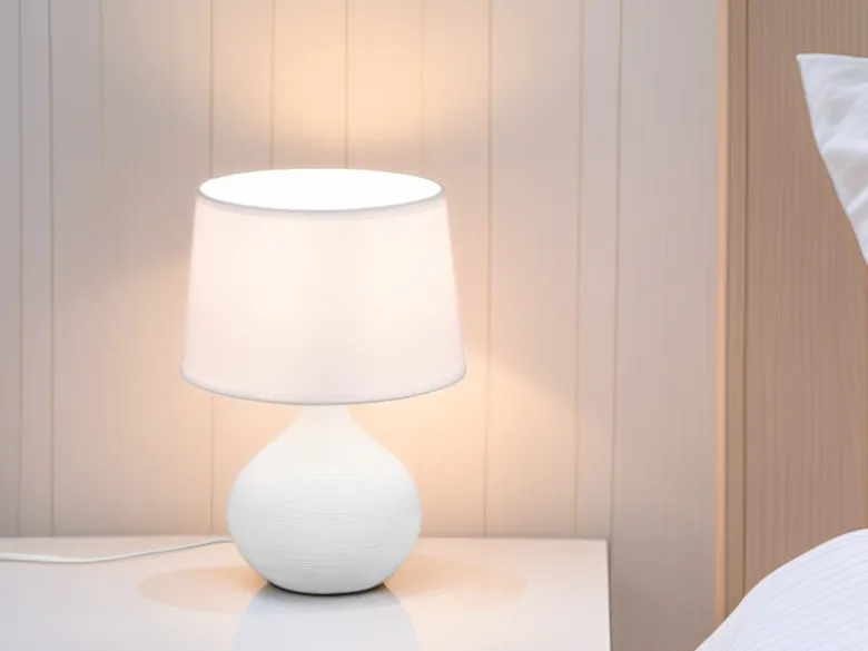 LED Tischleuchte mit Keramikfuß Weiß & Stoffschirm Weiß, Höhe 29cm