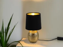 LED Tischleuchte mit Keramikfuß & Samtschirm Schwarz - Gold, Höhe 26cm