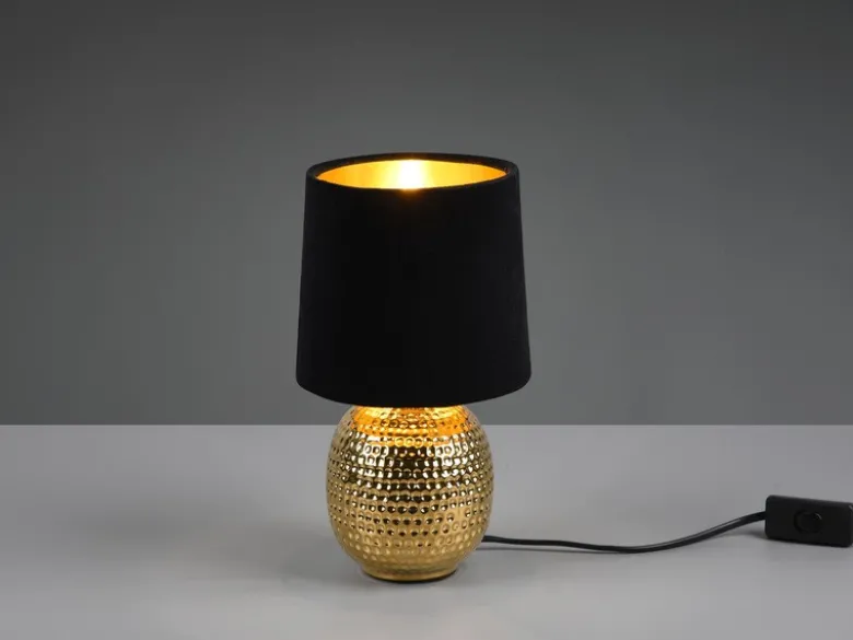 LED Tischleuchte mit Keramikfuß & Samtschirm Schwarz - Gold, Höhe 26cm