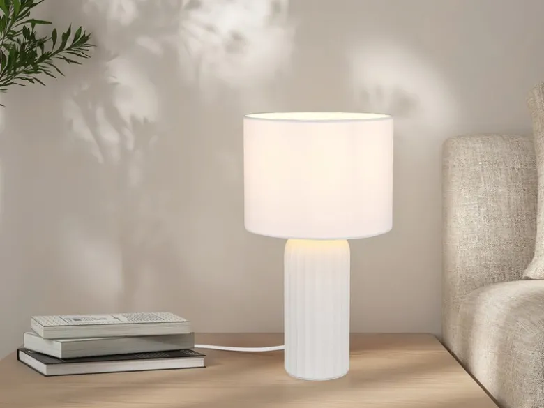 LED Tischleuchte mit Keramikfuß & Stoffschirm Weiß, Höhe 36cm