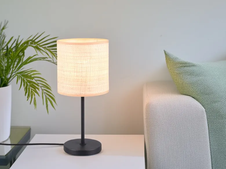 LED Tischleuchte mit Lampenschirm aus geflochtenem Bast, Höhe 37cm