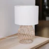 LED Tischleuchte mit Rattan Geflecht & Stoff Lampenschirm Weiß, Höhe 38cm