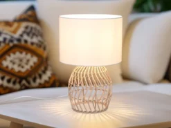 LED Tischleuchte mit Rattan Geflecht & Stoff Lampenschirm Weiß, Höhe 38cm