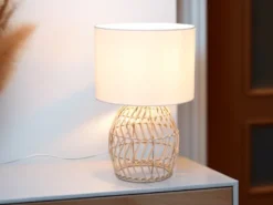 LED Tischleuchte mit Rattan Geflecht & Stoff Lampenschirm Weiß, Höhe 38cm