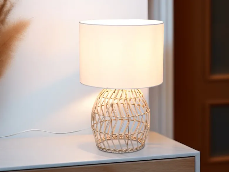 LED Tischleuchte mit Rattan Geflecht & Stoff Lampenschirm Weiß, Höhe 38cm