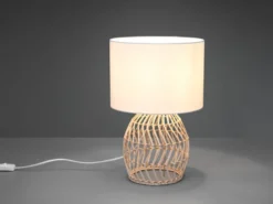 LED Tischleuchte mit Rattan Geflecht & Stoff Lampenschirm Weiß, Höhe 38cm