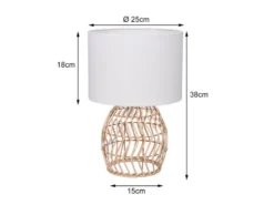 LED Tischleuchte mit Rattan Geflecht & Stoff Lampenschirm Weiß, Höhe 38cm