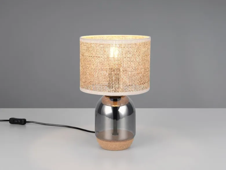 LED Tischleuchte mit Rattanschirm, Kork und Glasfuß, Höhe 32cm