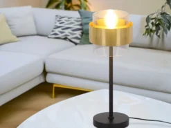 LED Tischleuchte mit Rauchglas Lampenschirm, Messingring, Höhe 47cm