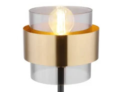 LED Tischleuchte mit Rauchglas Lampenschirm, Messingring, Höhe 47cm
