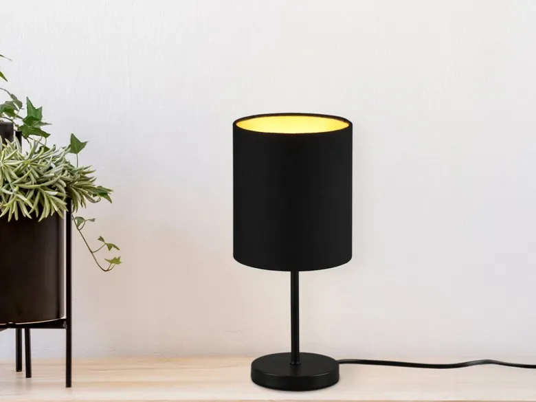LED Tischleuchte mit Stoffschirm in Schwarz innen Gold, Höhe 28cm