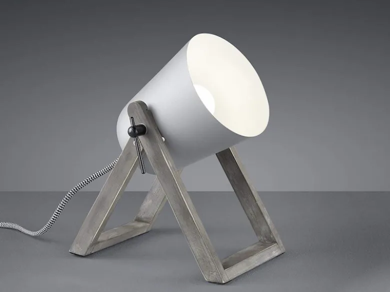LED Tischleuchte Naturholz mit Metallschirm in Grau, Höhe 21cm