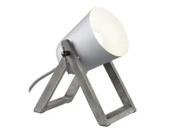 LED Tischleuchte Naturholz mit Metallschirm in Grau, Höhe 21cm