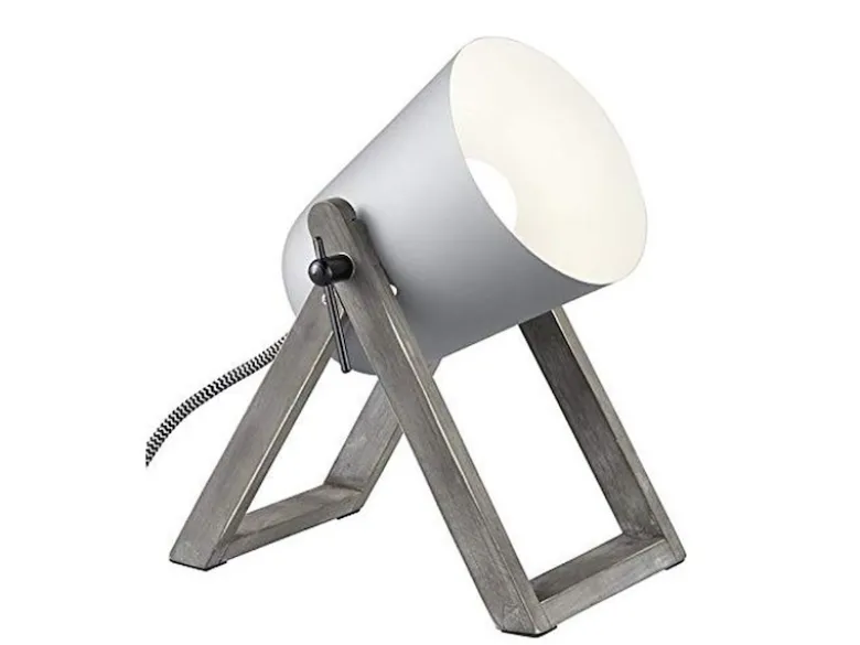 LED Tischleuchte Naturholz mit Metallschirm in Grau, Höhe 21cm