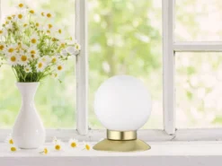 LED Tischleuchte PRINCESS Messing Glasschirm Weiß, Touchdimmer, Höhe 13cm