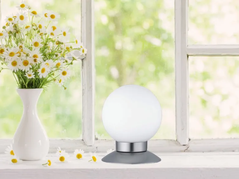 LED Tischleuchte PRINCESS Silber Glasschirm Weiß, Touchdimmer, Höhe 13cm
