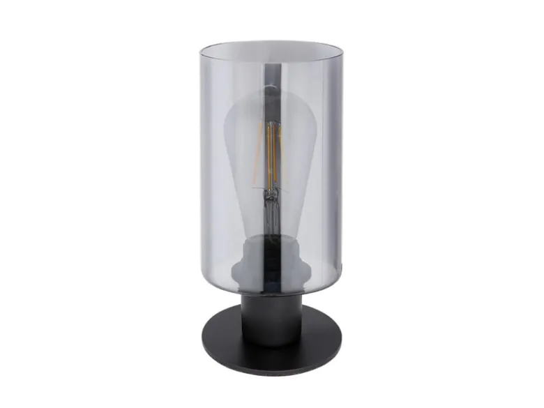 LED Tischleuchte Rauchglas Zylinder Lampenschirm, Metall Schwarz, Höhe 21,5cm