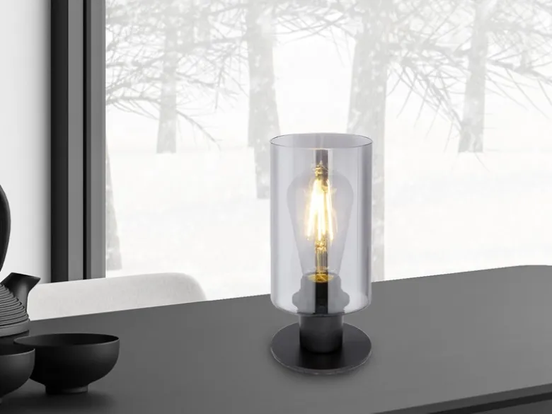 LED Tischleuchte Rauchglas Zylinder Lampenschirm, Metall Schwarz, Höhe 21,5cm