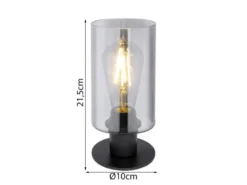 LED Tischleuchte Rauchglas Zylinder Lampenschirm, Metall Schwarz, Höhe 21,5cm