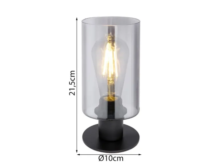 LED Tischleuchte Rauchglas Zylinder Lampenschirm, Metall Schwarz, Höhe 21,5cm
