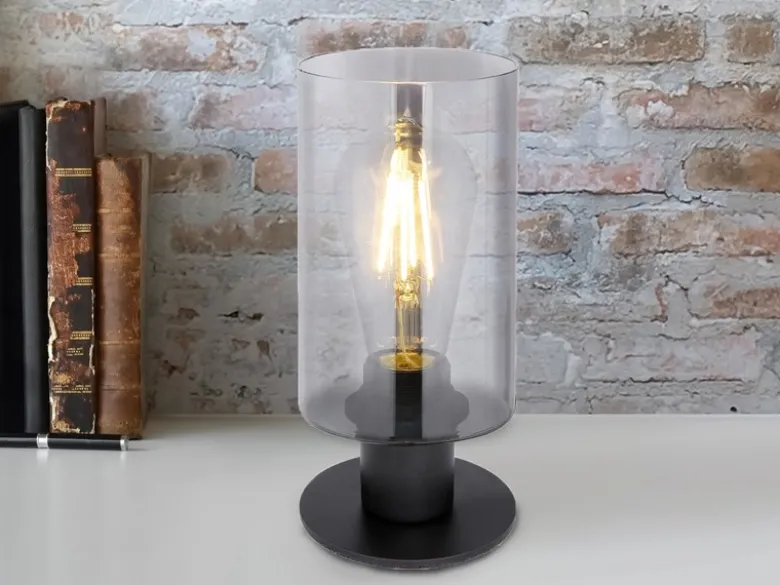 LED Tischleuchte Rauchglas Zylinder Lampenschirm, Metall Schwarz, Höhe 21,5cm