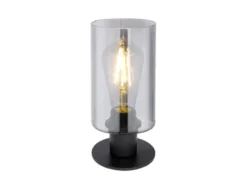 LED Tischleuchte Rauchglas Zylinder Lampenschirm, Metall Schwarz, Höhe 21,5cm