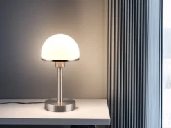 LED Tischleuchte Silber Glasschirm Weiß - Touch dimmbar, Höhe 39cm
