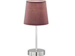 LED Tischleuchte Silber mit Stoffschirm Ø14cm in Hellbraun, Höhe 32cm
