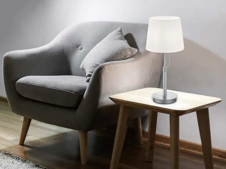 LED Tischleuchte Silber mit Stoffschirm Weiß, Höhe 45-56cm verstellbar