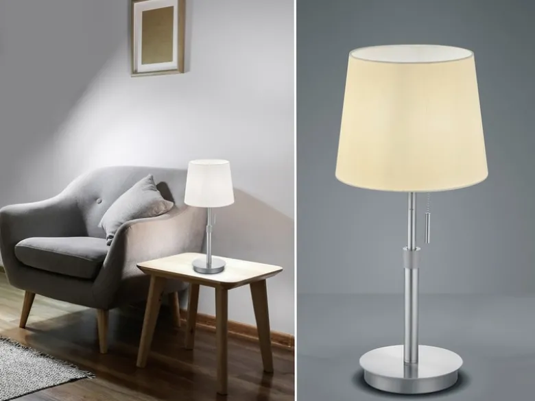 LED Tischleuchte Silber mit Stoffschirm Weiß, Höhe 45-56cm verstellbar