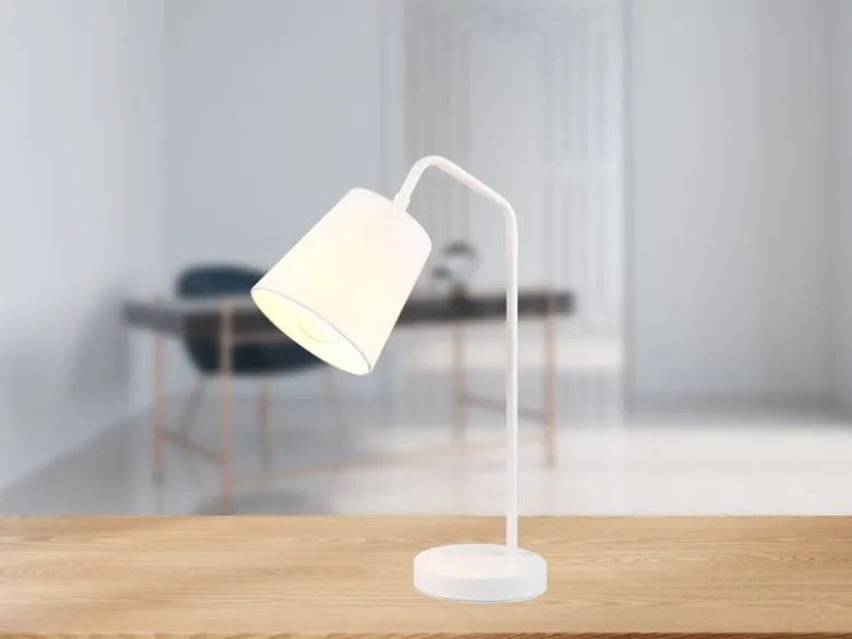 LED Tischleuchte Spot schwenkbar, aus Metall & Stoffschirm in Weiß, Höhe 45cm