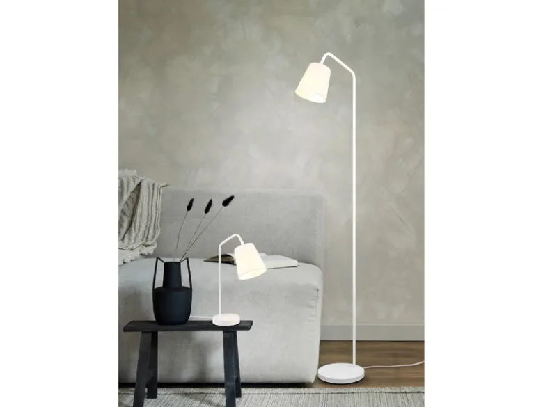 LED Tischleuchte Spot schwenkbar, aus Metall & Stoffschirm in Weiß, Höhe 45cm
