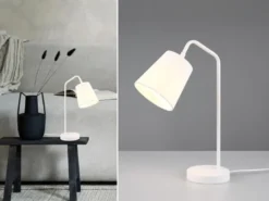 LED Tischleuchte Spot schwenkbar, aus Metall & Stoffschirm in Weiß, Höhe 45cm