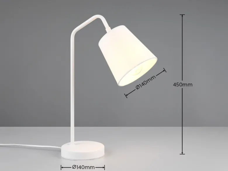 LED Tischleuchte Spot schwenkbar, aus Metall & Stoffschirm in Weiß, Höhe 45cm
