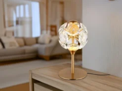 LED Tischleuchte VIRINA Gold mit Kugel Lampenschirm aus K9 Kristallen, Höhe 26cm