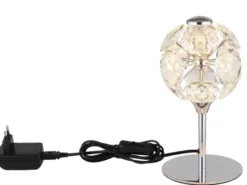 LED Tischleuchte VIRINA Silber Chrom mit Kugel aus K9 Kristallen, Höhe 26cm