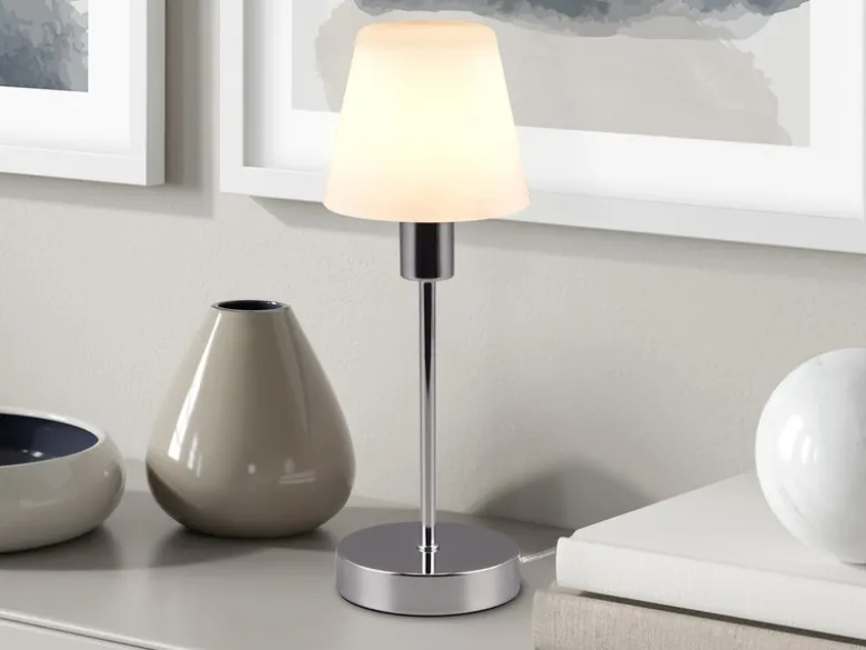 LED Touch Tischleuchte mit Glasschirm Weiß & Fuß in Chrom, Höhe 32cm