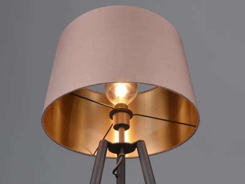 LED Tripod Stehleuchte mit Stoffschirm Taupe/Gold & Ablagetisch, Höhe 152cm