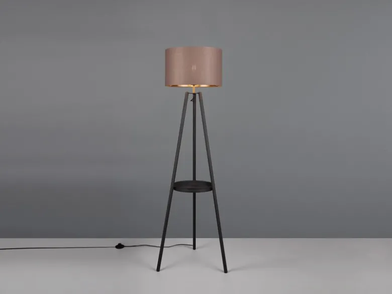 LED Tripod Stehleuchte mit Stoffschirm Taupe/Gold & Ablagetisch, Höhe 152cm