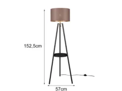 LED Tripod Stehleuchte mit Stoffschirm Taupe/Gold & Ablagetisch, Höhe 152cm