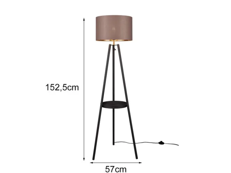 LED Tripod Stehleuchte mit Stoffschirm Taupe/Gold & Ablagetisch, Höhe 152cm