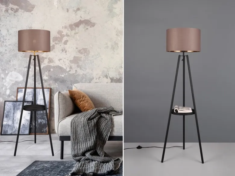 LED Tripod Stehleuchte mit Stoffschirm Taupe/Gold & Ablagetisch, Höhe 152cm