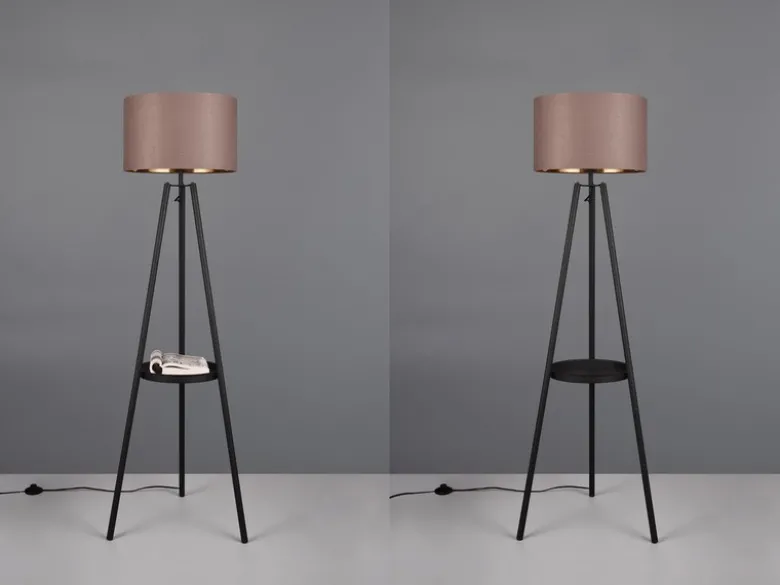 LED Tripod Stehleuchte mit Stoffschirm Taupe/Gold & Ablagetisch, Höhe 152cm